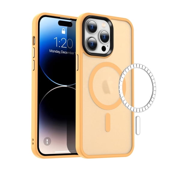 Magnetic Case Compatible with iPhone 13 Pro Max, Frosted Clear Back with Orange TPU Bumper, Shockproof Protective Cover, Built-in Magnetic Ring, Camera Guard, Wireless Charging Compatible