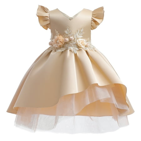 

OLLUISNEO 3-4 Years Toddler Baby Girls Dress Fly Ruffled Sleeve Floral Party Formal Dress Yellow