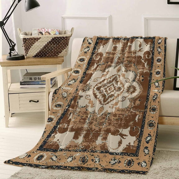 Fleece Blanket Retro Traditional Ethnic Tribal Floral Blankets, Soft Cozy Warm Flannel Throw Blanket, Light Brown Blanket for Bed Couch Sofa,40x50In