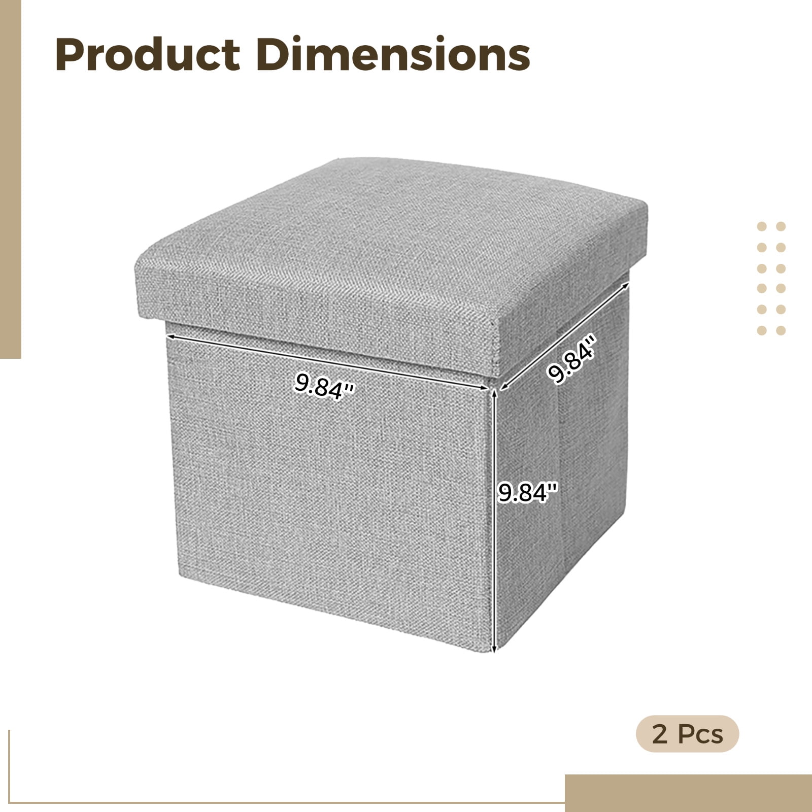 2 Pcs Storage Box, Foldable Cotton Linen Organizer Ottoman, Multi-Purpose Cube for Photos, Keepsakes, Greeting Cards, Household Items, Grey, 10 x 10 x 10 in