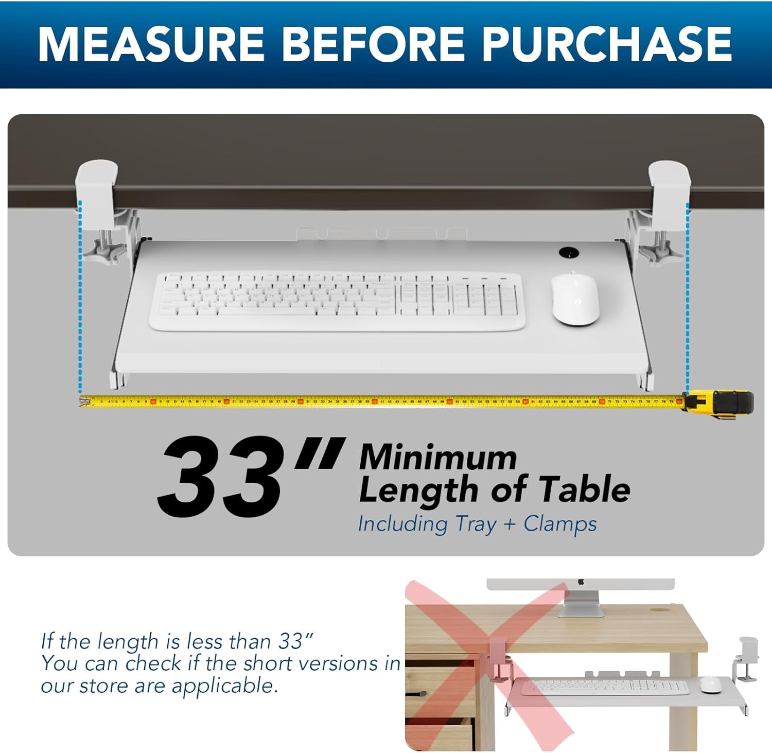 Under Desk Pull Out Keyboard Tray with Sturdy C Clamp Mount System, 27.3 x 11 Inch Slide-Out Platform Computer Drawer for Typing