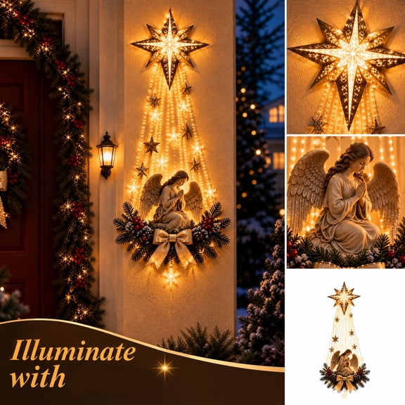 Angel Blessing Wall Light, Cascading Glowing Star Christmas Angel Wall Lamp, Led Starfall Effect Celestial Angel Figurine for Bedroom Living Room Entryway, Indoor Decoration