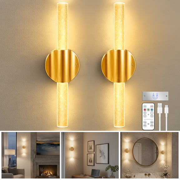 Battery Operated Wall Sconce Set of 2, 10000mAh Gold Rechargeable Wall Lights with Remote Control, Wireless Wall Lamps with Timing Function for Bedroom Living Room Hallway Decor