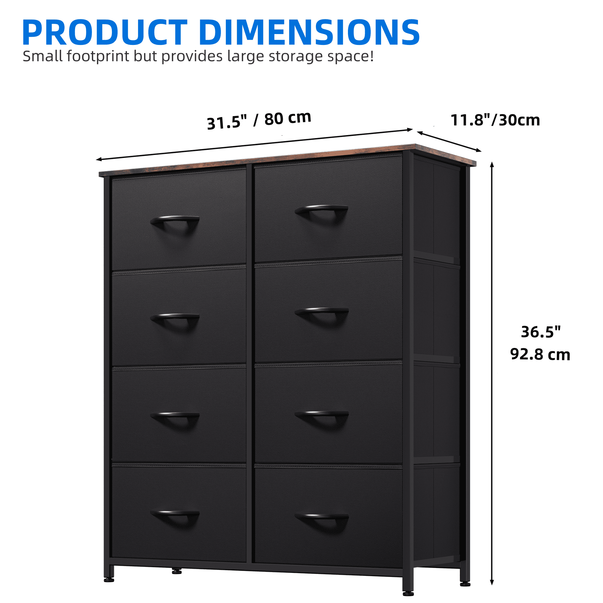 DEXTRUS 8-Drawer Fabric Storage Tower, Chest for Adults, Black/Rustic Brown, Easy Assembly