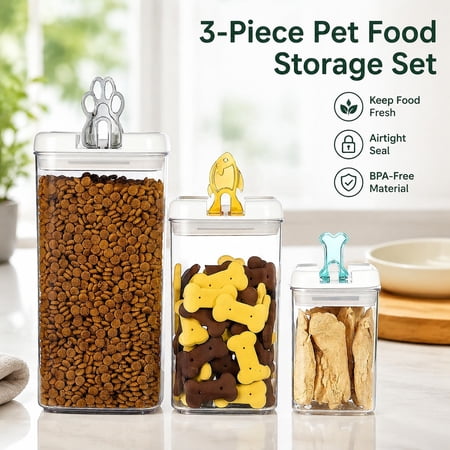Flip Tite Pet Food Container with Airtight Lids BPA Free Acrylic Canister with Flip Top Handles for Cat Dog Kibble Treats Storage Keep Fresh 3-Pack
