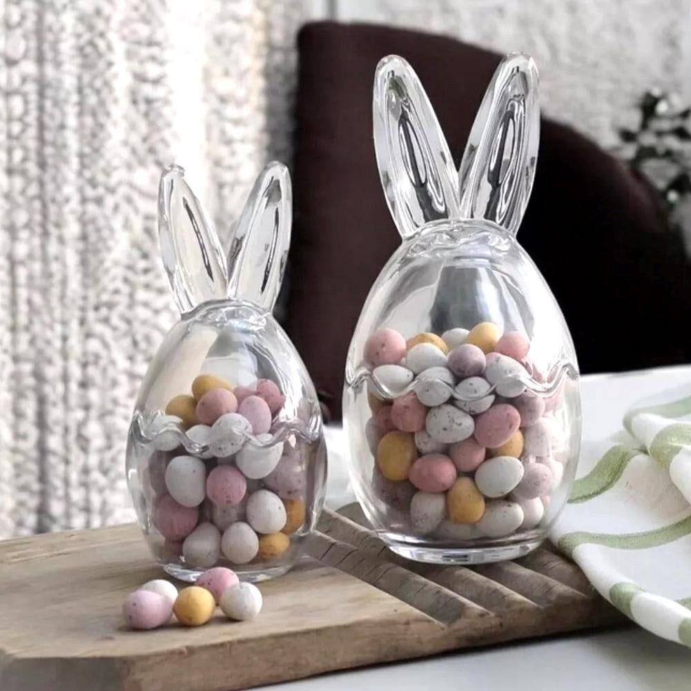 2 Pcs Easter Bunny Ears Glass Candy Jar - Clear Egg Shaped Storage Jars with Removable Lids, Decorative Food Container for Party Treats, Candles & Home Pantry Organization