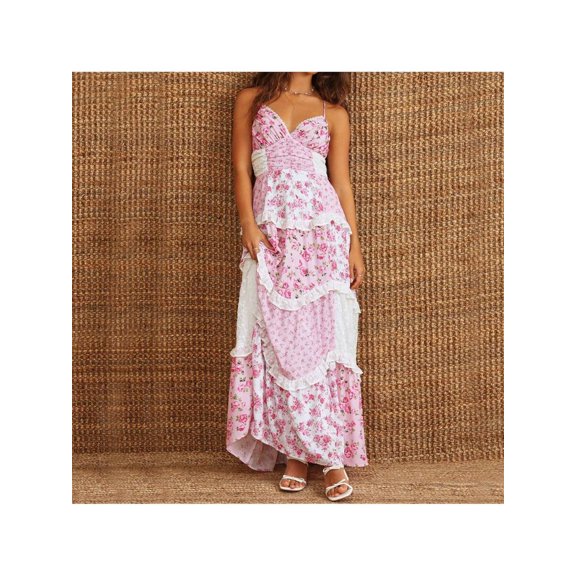 Pink Floral Patchwork Maxi Dress With Lace Ruffles Boho Spaghetti Strap Deep V-Neck Sundress
