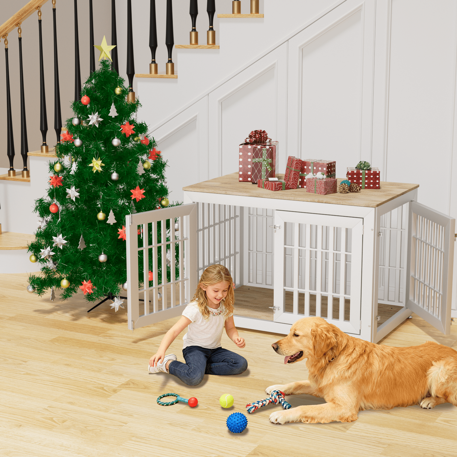 Snuowu 48" Heavy Duty Dog Crate Furniture for Small,Medium and Large Dogs,Rustic Wooden Dog Cage Kennel Indoor Furniture with Waterproof Top,Decorative Pet House Side End Table (White & Wood)
