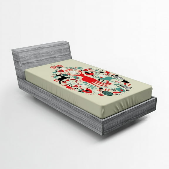 Ambesonne Christmas Fitted Sheet, Traditional Motif, Twin Size, Beige and Red