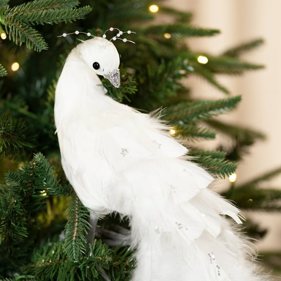Northlight Jeweled and Glittered Peacock Christmas Decoration with Faux Pearls - 24" - White