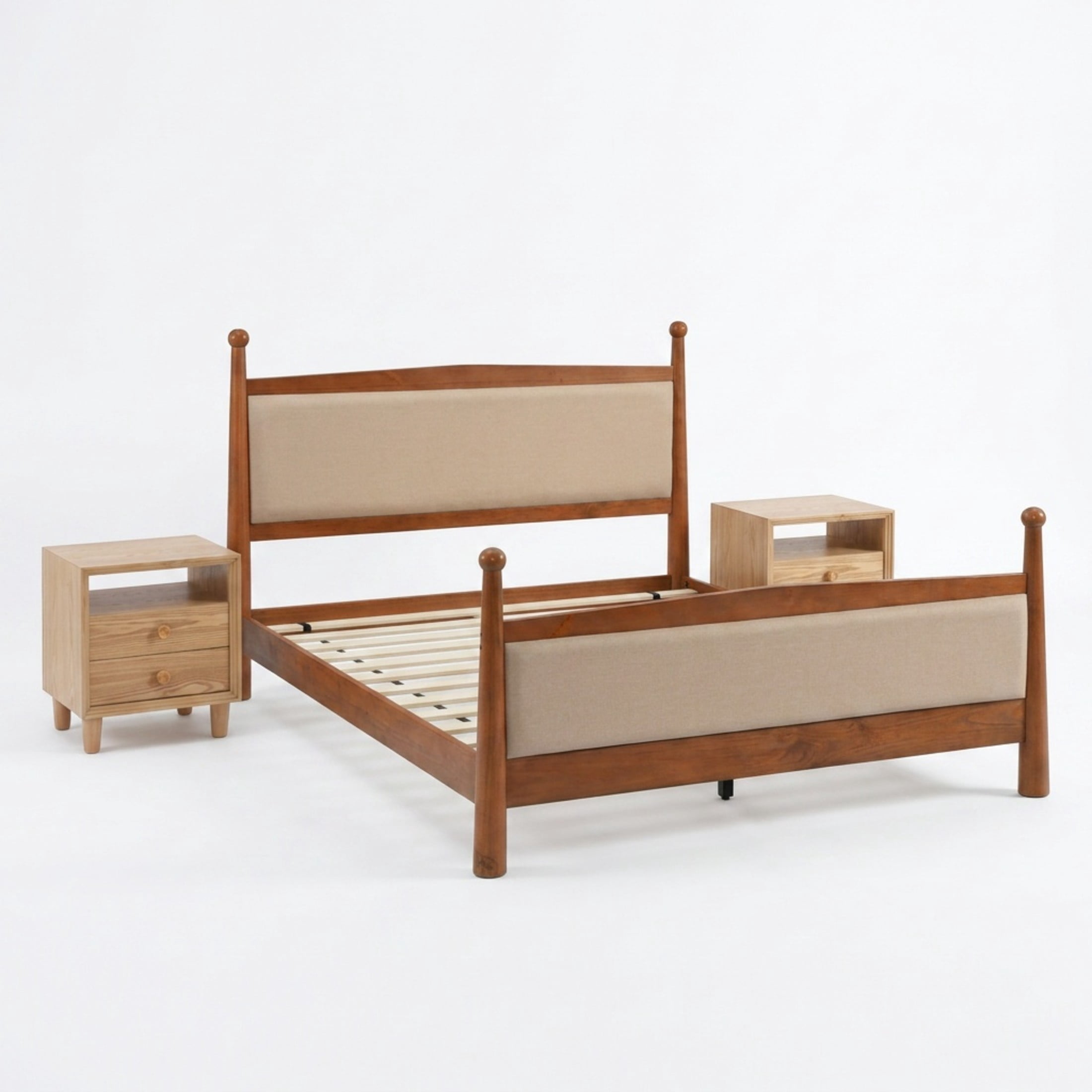 Christopher Knight Home Queen Bedroom Furniture Set with Upholstered Bed and 2 Nightstands, Cherry+Natural