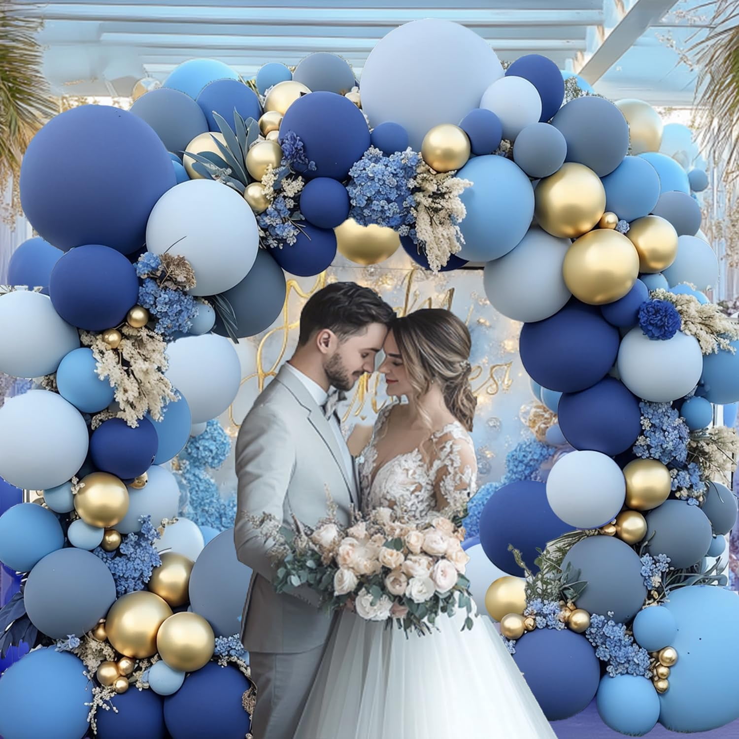Dusty Blue Gold Balloons Arch Kit, Double Stuffed Pastel Balloon Arch Pastel Light Dark Denim Pale Blue Balloons With Blue Gold Balloons for Birthday Wedding Graduation Party Decorations