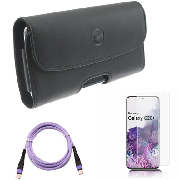 Screen Protector w Purple 10ft PD Cable w Case Belt Clip for Samsung Galaxy S20 Plus - Tempered Glass [Fingerprint Unlock] 3D Curved Edge, Type-C to USB-C Fast Charger Cord Extra fits Galaxy S20 Plus