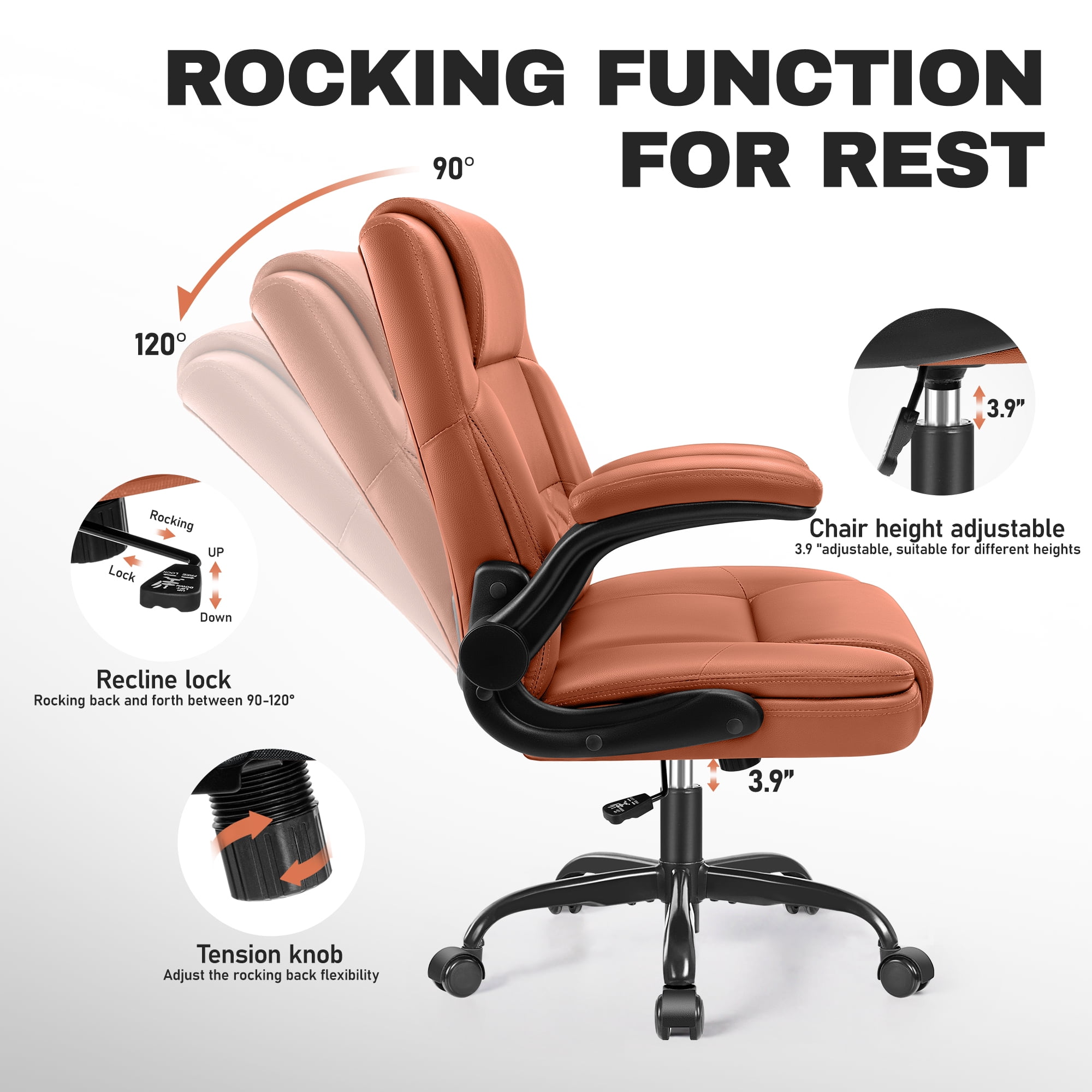 COOLHUT Office Chair, Executive Leather Chair Home Office Desk Chairs, Computer Chair with Adjustable Flip-up Padded Arms, Lumbar Support Swivel Desk Chair with Adjustable Hight and Tilt, Brown