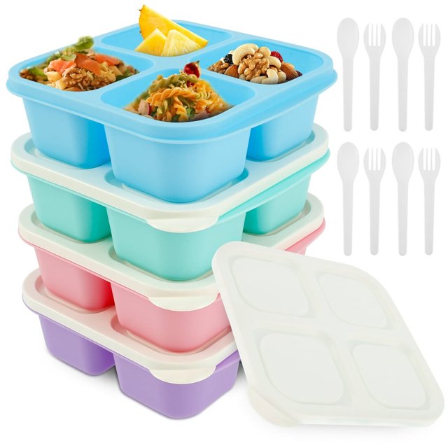 Dsseng 4Pcs Bento Lunch Boxes with Lids 4 Compartment Meal Prep Lunch Containers Reusable Food Grade Divided Salad Container Stackable Food Storage Containers for School Office Travel