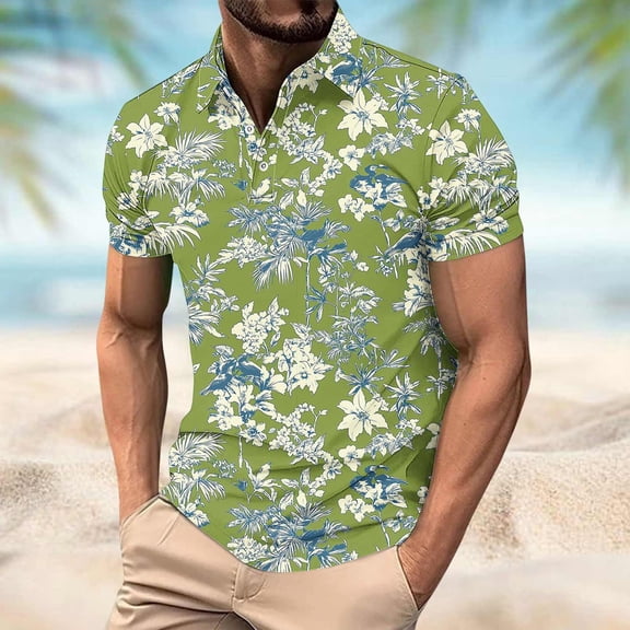 DPTALR Men's Casual Printed Button Turndown Collar Short Sleeve Pullover T-shirt Blouse,Green, XXXXL