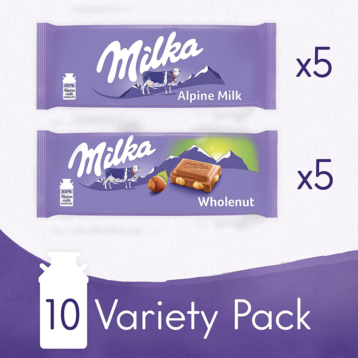 Milka European Chocolate Bars Variety Pack, Alpine Milk Chocolate & Wholenut Hazelnut Chocolate, 3.52 oz. (10 Bars Total)