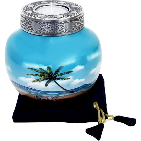 RUZIOON Lovely Beach Urn Blue Palm Tree Design Cremation Urns for Human Ashes Cremation Sharing Urn to Remember Your Loved One Medium Funeral Urn - Modern Beautiful Memorial Urn 6 x 5