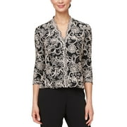 Alex Evenings Women's Stretch Embroidered Formal Event Blouse with Center Front Scallop Detail and Illusion Sleeves, Black/Taupe