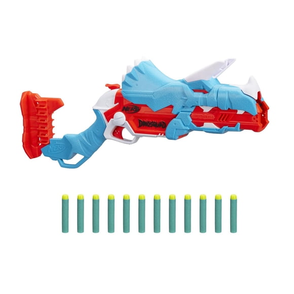 Nerf DinoSquad, blaster Tricera-blast, s'ouvre pour charger 3 fléchettes, inclut 12 fléchettes Nerf officielles, apparence de triceratops