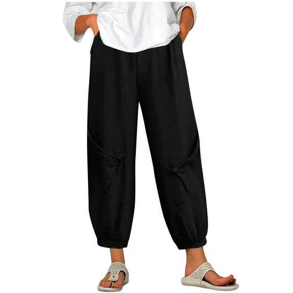 jjayotai Womens Capri Pants, Fashion Vintage Chinese Frog Button Cropped Trousers Casual Loose Fit High Waist Cinch Bottom Pants