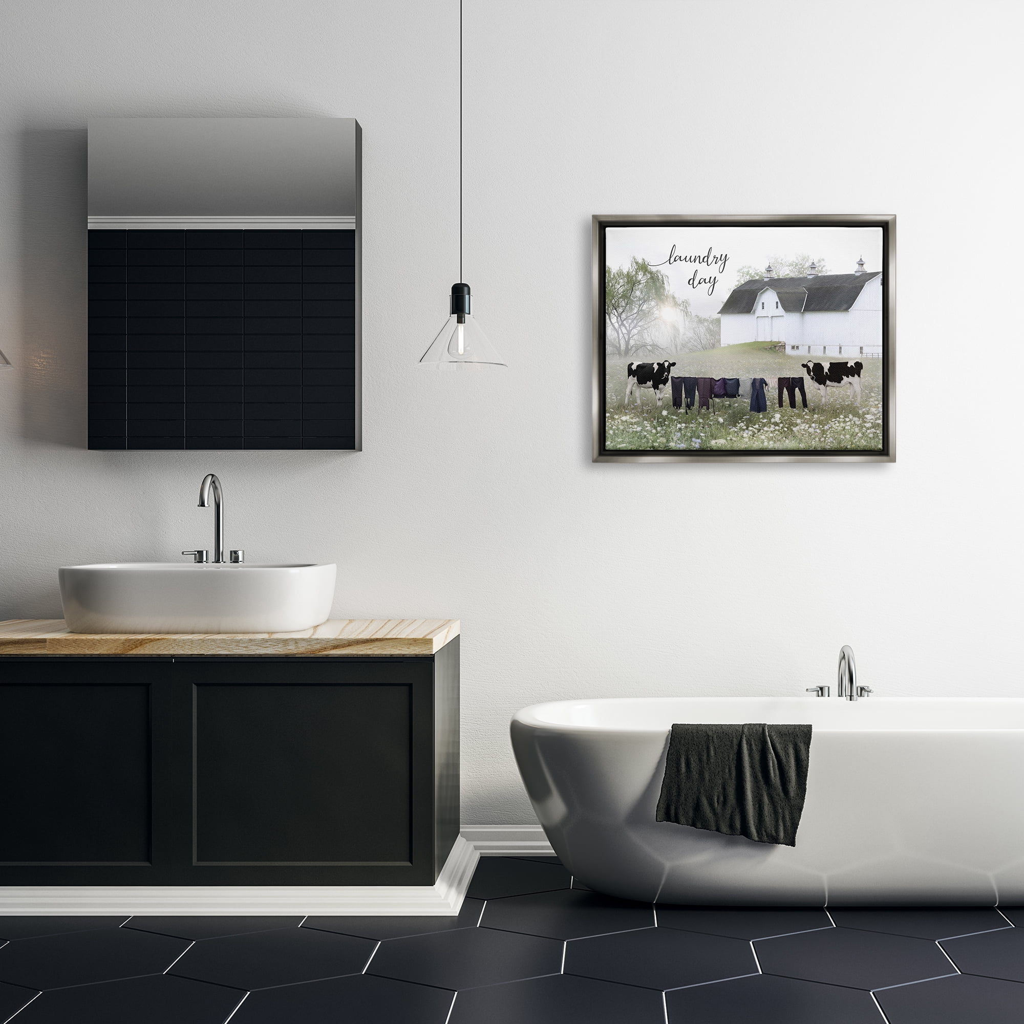 Stupell Laundry Day Rural Cows Meadow Nature Painting Gray Floater Framed Art Print Wall Art
