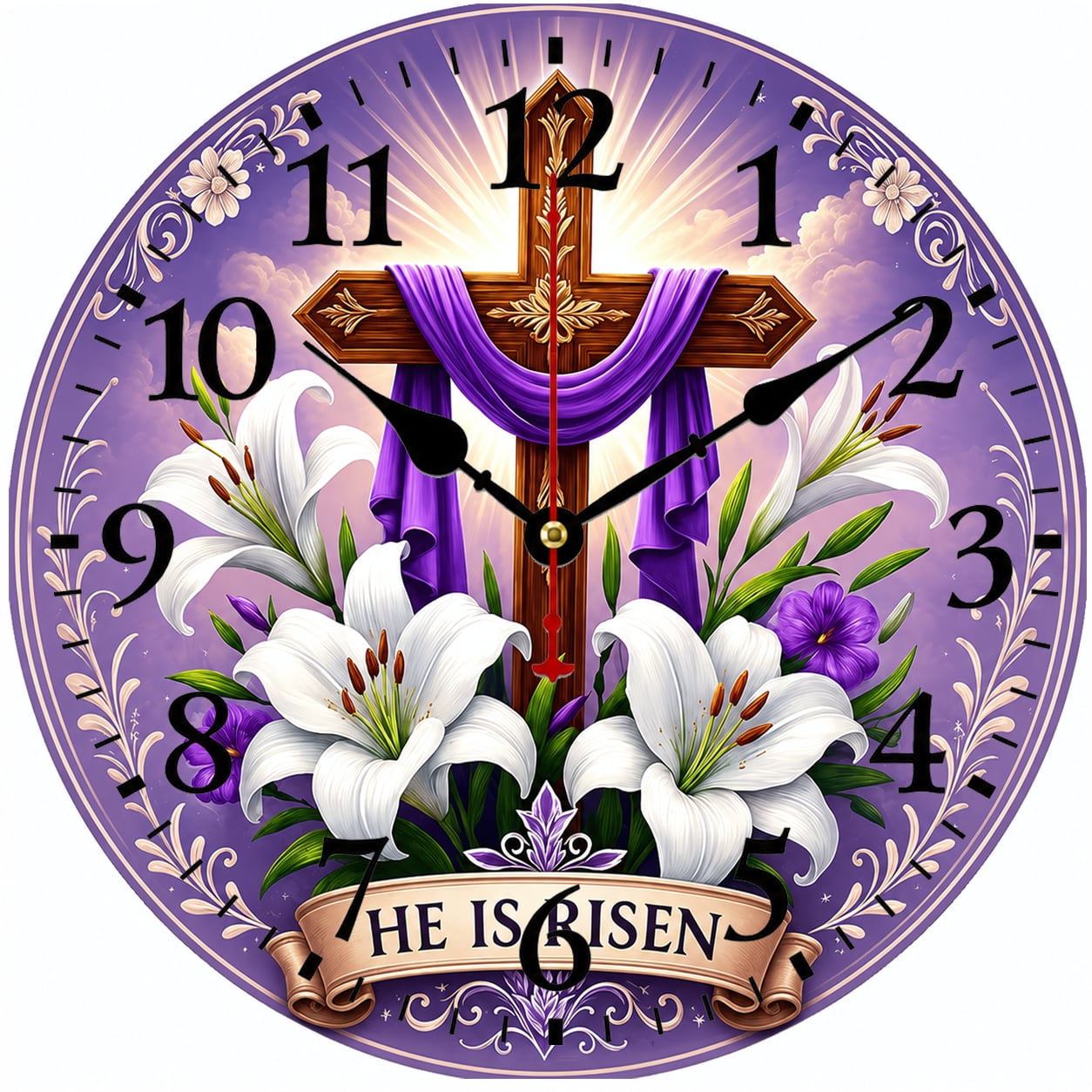 Christian Wall Clock 9.84 Inch, Cross Wall Clock Battery Operated Round Analog Clock with Easy to Read Numbers, Religious Home Decor for Living Room Bedroom Church Farmhouse Decor