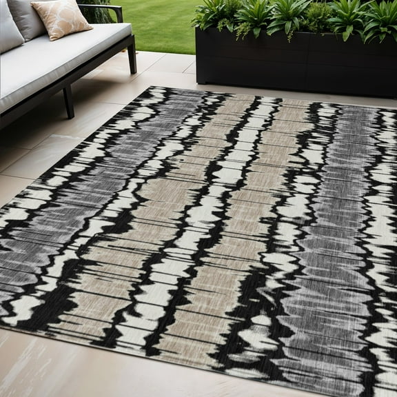 HomeRoots 585119 5 x 8 ft. Striped Washable Indoor & Outdoor Rectangle Area Rug, Black, Silver & Gray