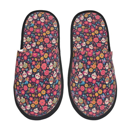 Balery Apricot color Skull flower Slient Indoor Furry Fleece Comfort House Shoes Soft Non-Slip Home Shoes Cotton slippers House Slippers-- Large