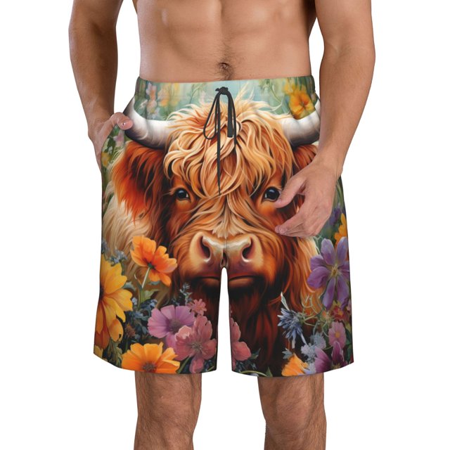 Fotbe Countryside Colorful Floral Cow Trajes de Baño Estampados para Hombre, Shorts de Verano de Secado Rápido, Ropa de Playa, Bañadores-X-Large