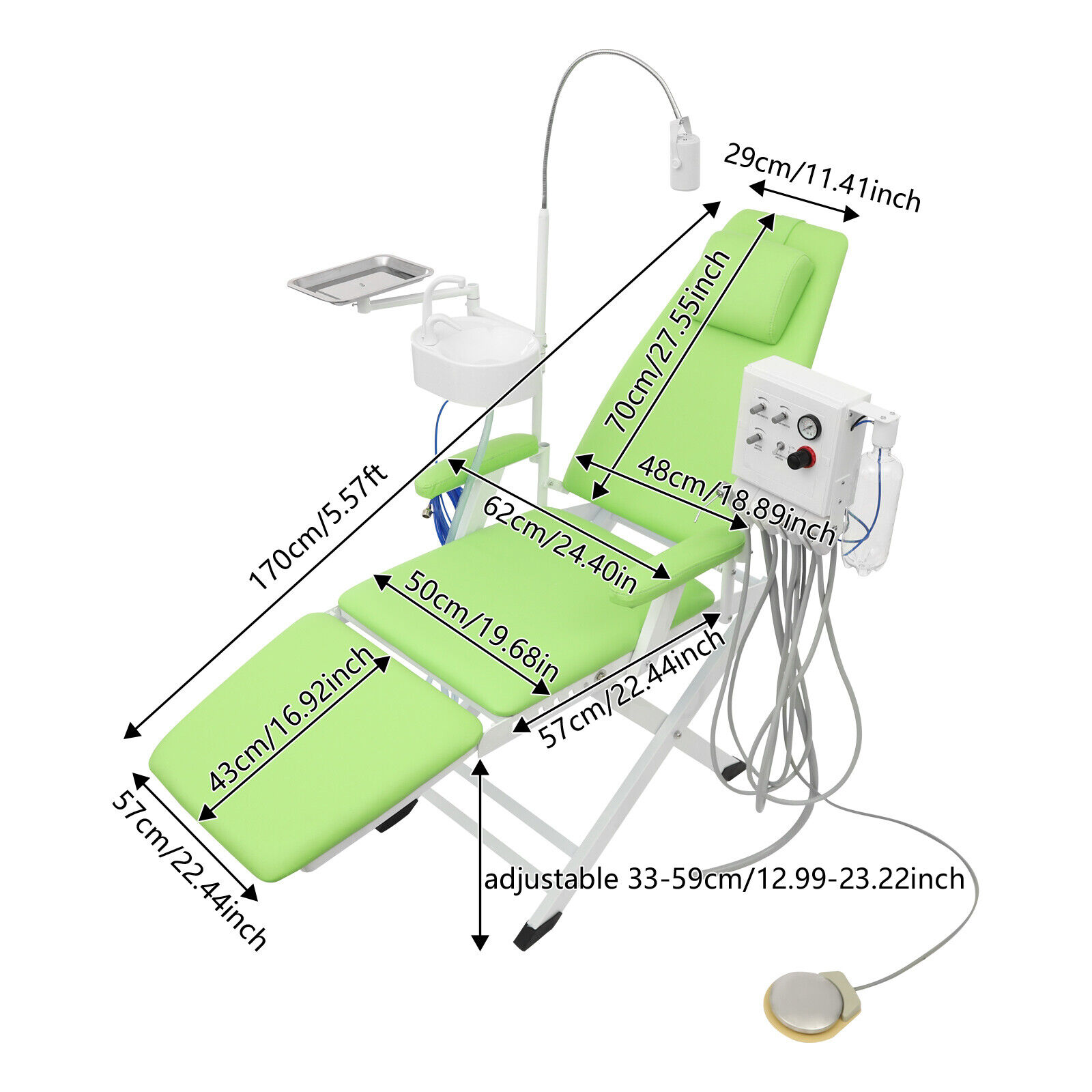Portable Dental Chair with Tray+Spittoon+Hanging Turbine+LED Light Foldable 66.93*24.41in