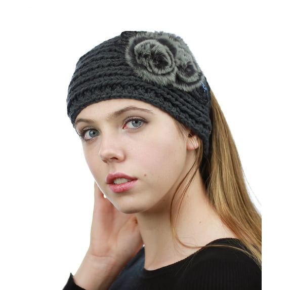 NYFASHION101 Hand Knitted Furry Flowers Winter Headband Headwrap - NAG324Y, Dark Gray