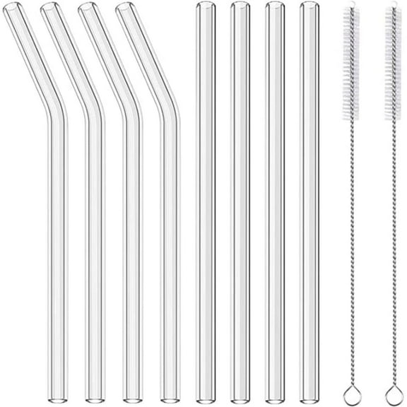 Happon 8 Packs Reusable Glass Straws,7.8'' x 8mm Clear Drinking Straws with 2 Cleaning Brushes Portable Glass Straws for Smoothies Tea Juice Wine