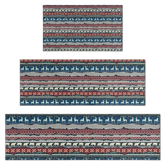 Multicolor Christmas Reindeer Pattern Kitchen Rugs Sets Of 3,Kitchen Runner Rugs Non Skid Washable,Decorative Kitchen Floor Mats for Kitchen,Sink,Laundry,17"x30" 17"x47" 17"x59"
