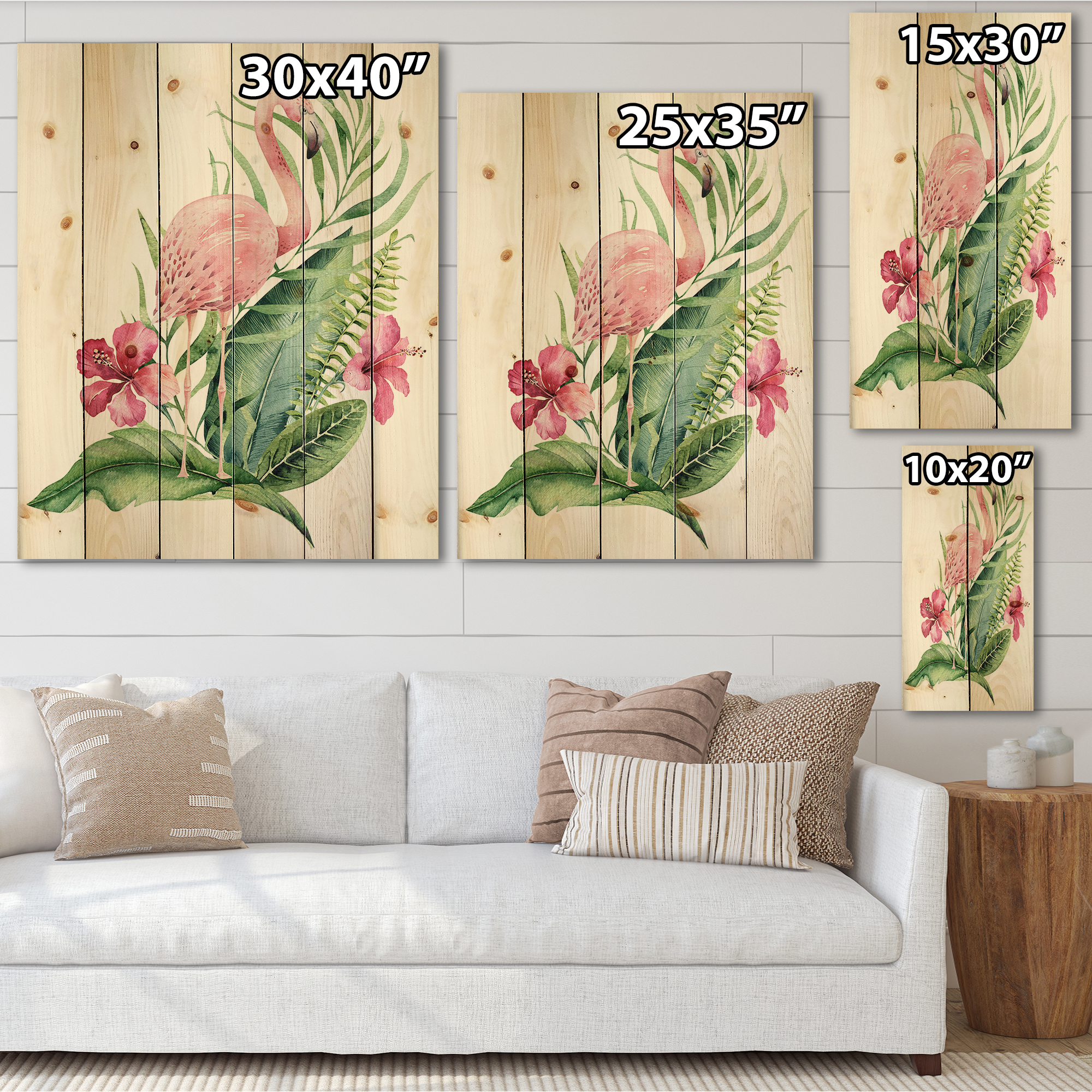 Designart 'Flamingo With Pink Flowers and Exotic Foliage' Traditional Print on Natural Pine Wood