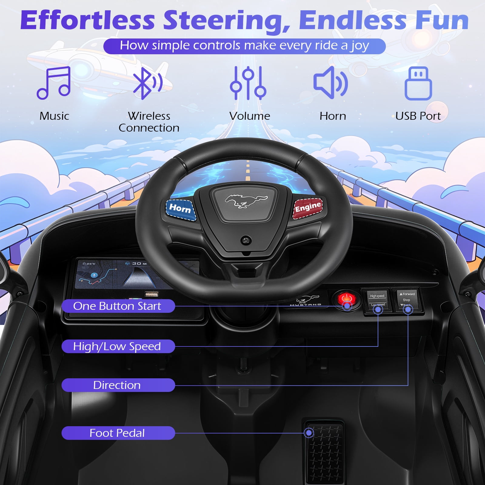 Gymax Licensed Ford Mach E Electric Vehicle w/Parent Control LED Lights Horn Music Black