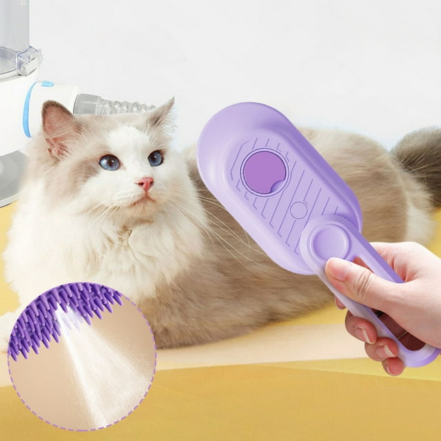 Cepillo de vapor 3 en 1 para gatos, peine depilatorio multifuncional para gatos y perros, para masajear y limpiar el pelo suelto, recargable, morado.