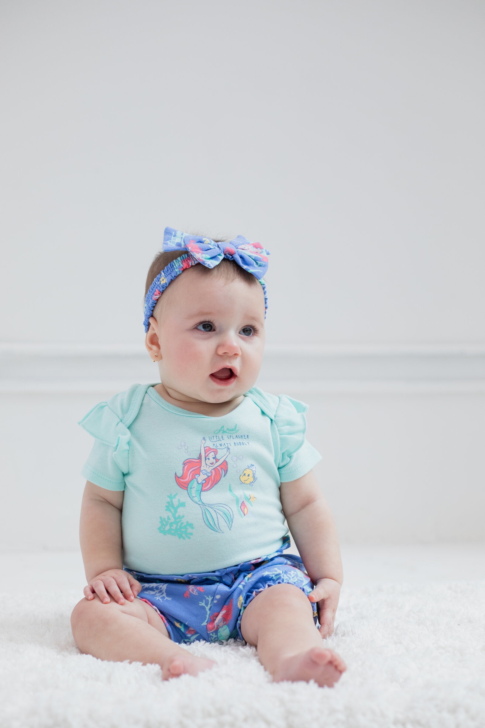 Disney The Little Mermaid Ariel Infant Baby Girls Bodysuit Shorts and Headband 3 Piece Outfit Set Newborn to Infant