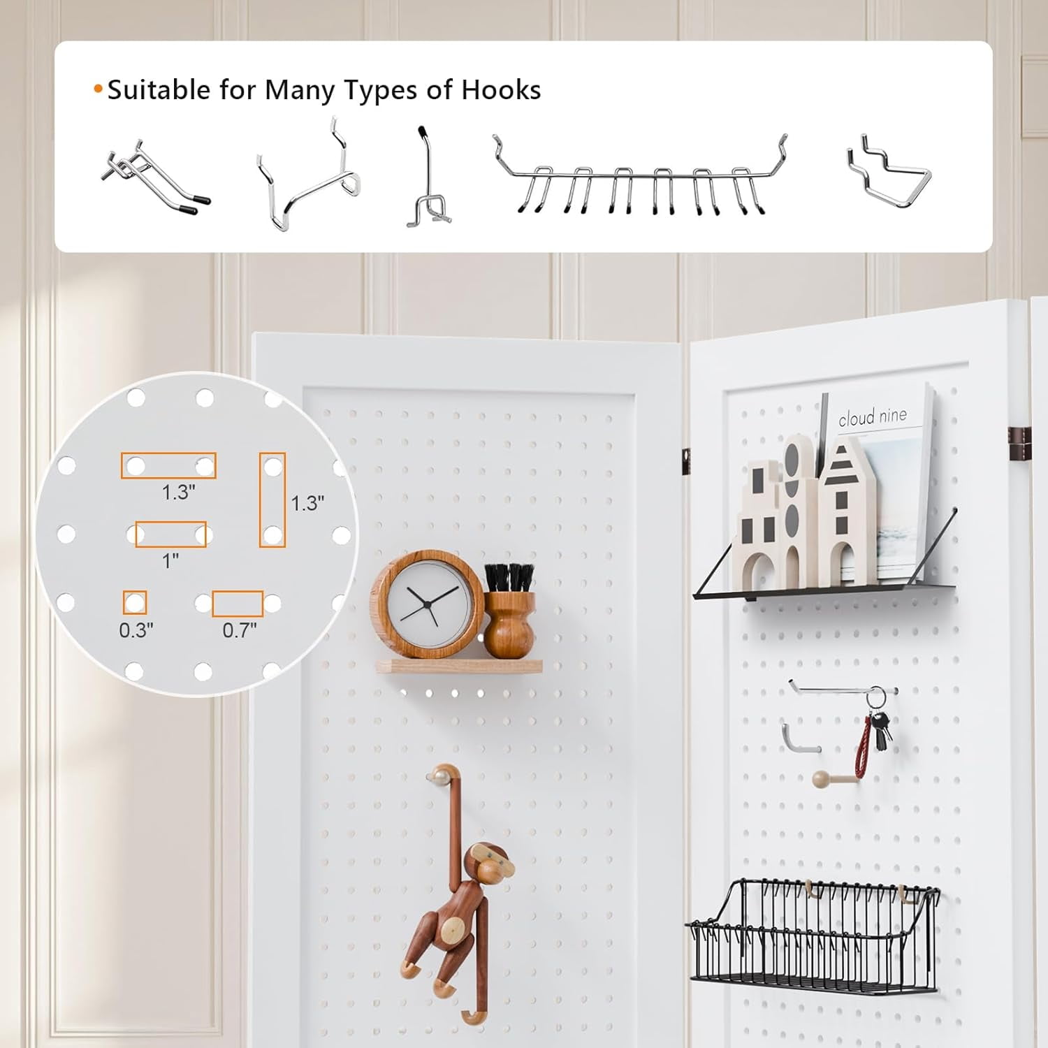 Bonnlo 4/6 Panel Pegboard Freestanding, 5 FT Portable Display Board Organizer for Craft Show Jewelry, Wooden Folding Privacy Screen Room Divider (White, 6 Panel with Base)
