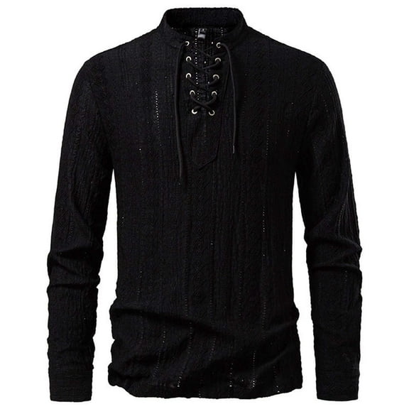 Wrtxtat Men's V-Neck Sweatshirt Lightweight Beathable Slim Fit Tops Striped Knit Lace-Up Pullover Outdoor Sports Long Sleeve Shirt Black XXL