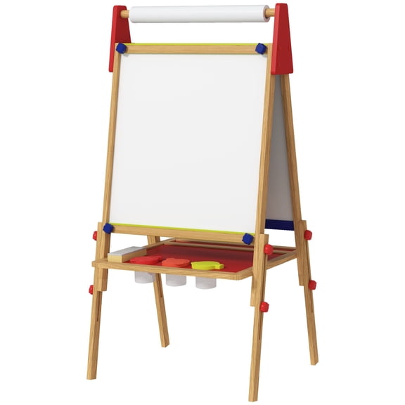 3 in 1 Easel for Kids with Paper Roll, Whiteboard, Chalkboard, Double Sided & Adjustable Height, Nature Wood