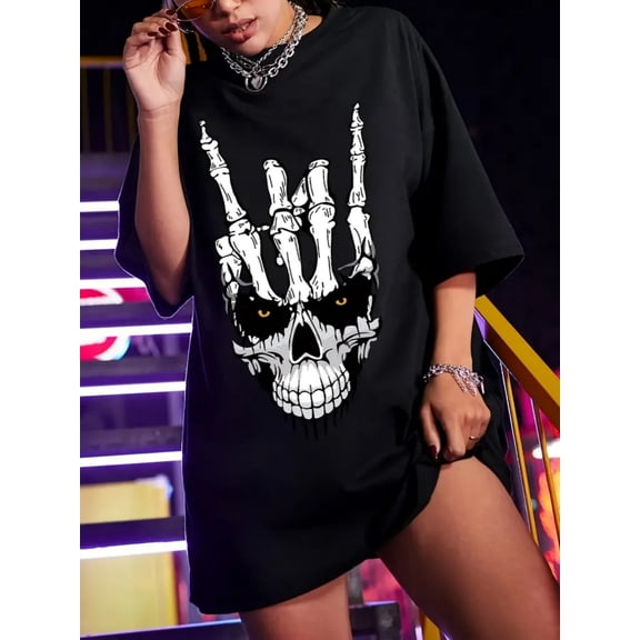 Women's Gothic Rock Skeleton Skull Graphic Oversized T-Shirt