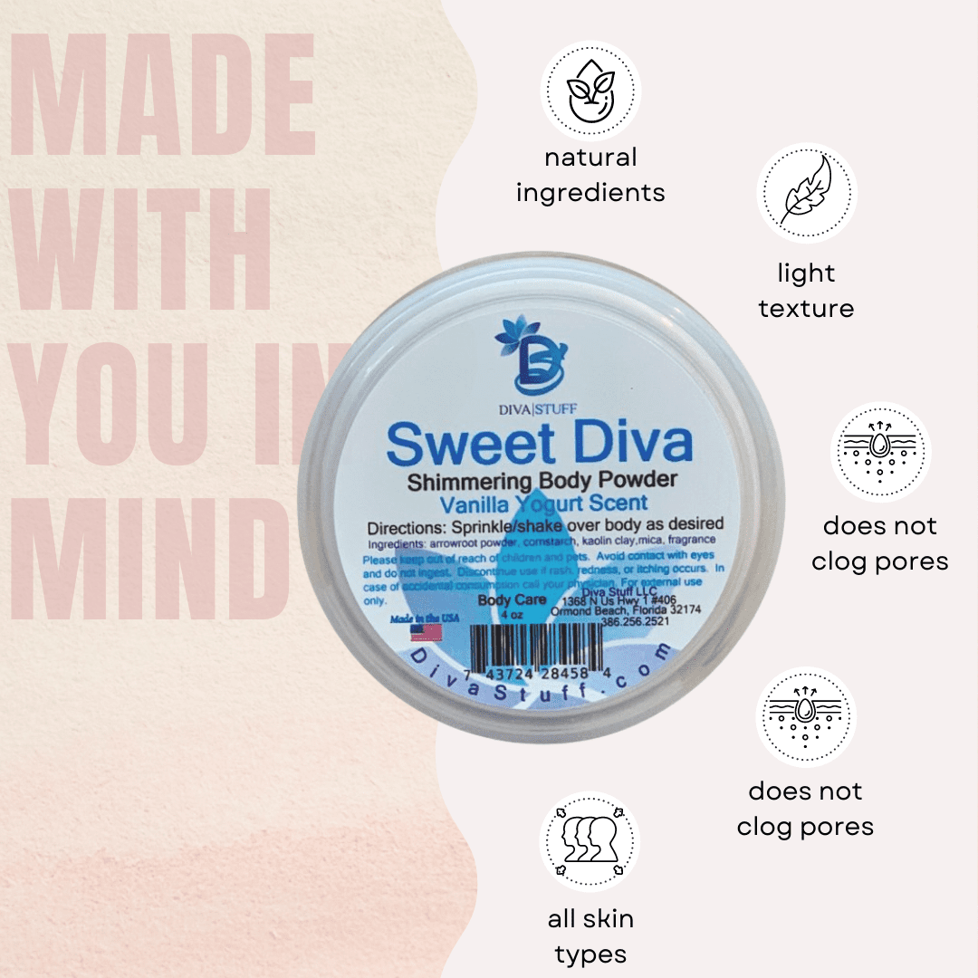 Sweet Diva, Shimmering Vanilla Yogurt Scented Body Powder by Diva Stuff, 7oz