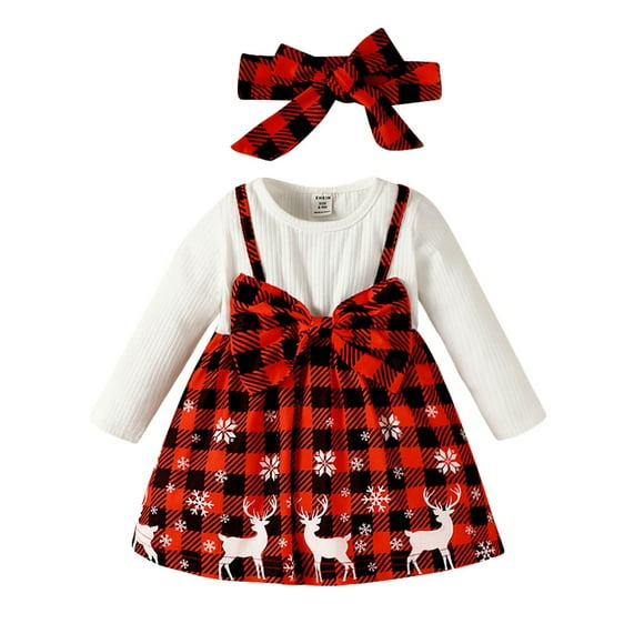 Splozh Newborn Baby Girl Christmas Toddler Baby Girl Christmas Snowflake Outfit Long Sleeve Princess Dress Headband 2Pcs Set Red,9-12 Months
