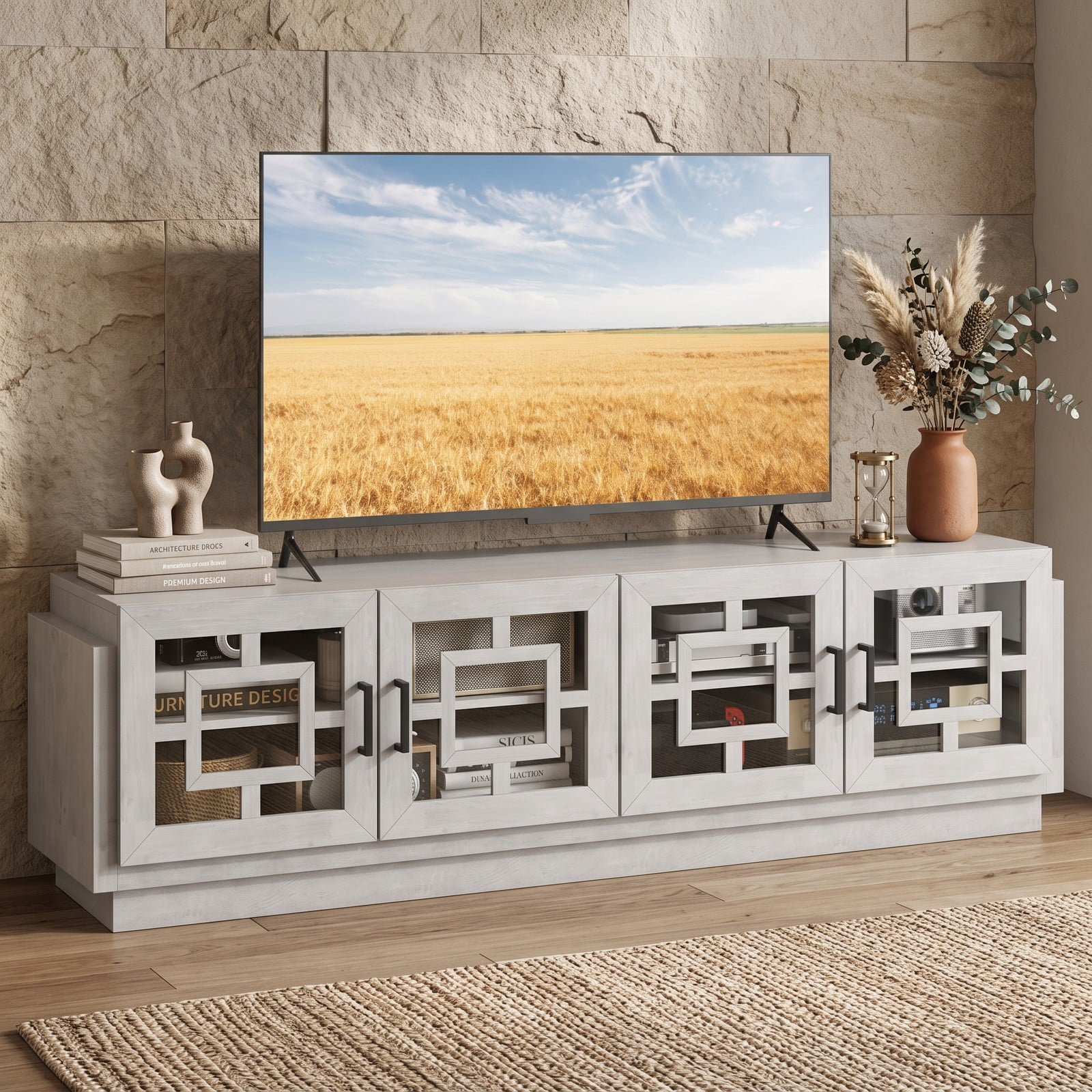 Furnibear 4-Door TV Stand for TVs up to 75 Inch, Wood Media Console Table Entertainment Center with Adjustable Shelves, Glass Cabinets and Cable Management, White Oak