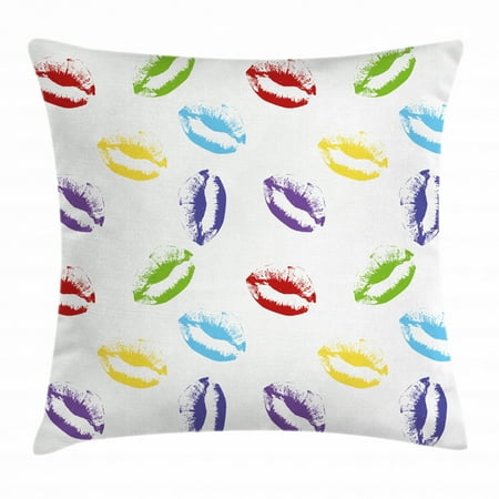Colorful Throw Pillow Cushion Cover, Make Up Cosmetics Theme Lipstick Colored Lips Kisses Sexy Seductive Feminine Art, Decorative Square Accent Pillow Case, 18 X 18 Inches, Multicolor, by Ambesonne