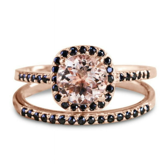 JeenMata 1.5 Carat Peach Pink created morganite (Round cut) and Black Diamond Engagement Bridal Wedding Ring Set in 10k Rose Gold