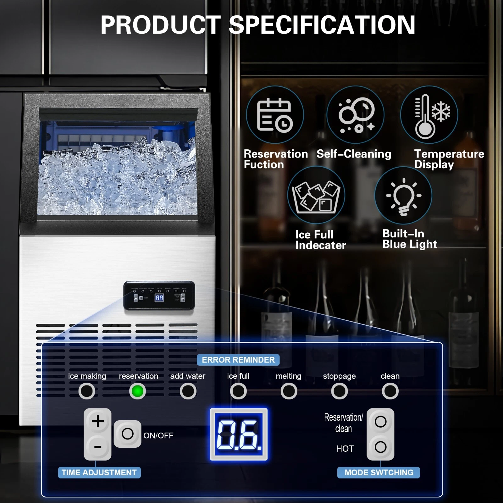 Commercial Ice Maker 120lb Stainless Steel Bar Restaurant Built-in Ice Cube Machine 120LBS/24H Commercial Ice Maker Machine, Freestanding Stainless Steel with Adjustable Ice Thickness & LCD Control,4