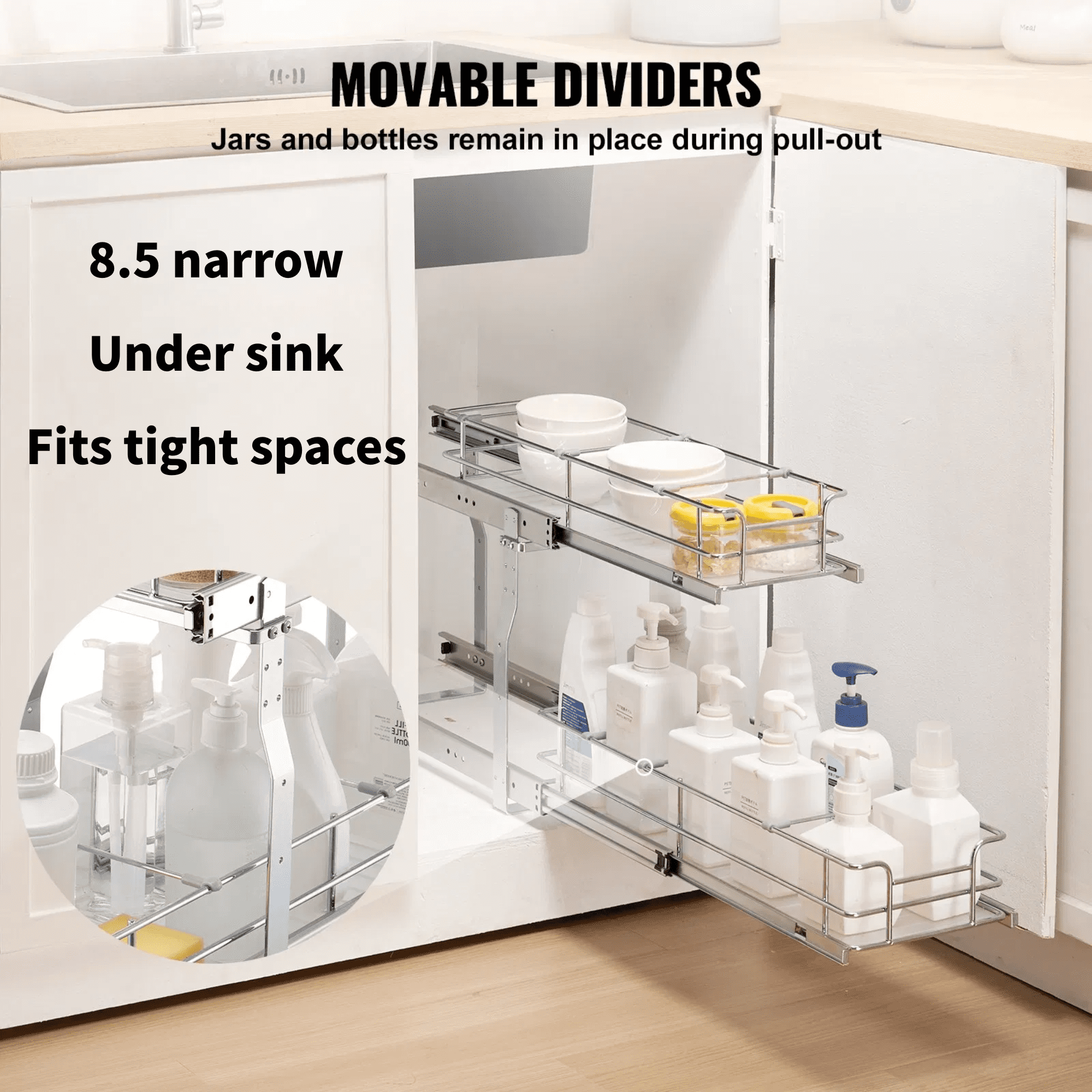 Narrow Pull Out Cabinet Organizer, 2 Tier Slide Out Kitchen Cabinet Organizer, Heavy Duty Steel Roll Out Drawer for Under Sink Storage & Pantry Cabinets, 8.5” W x 21” D