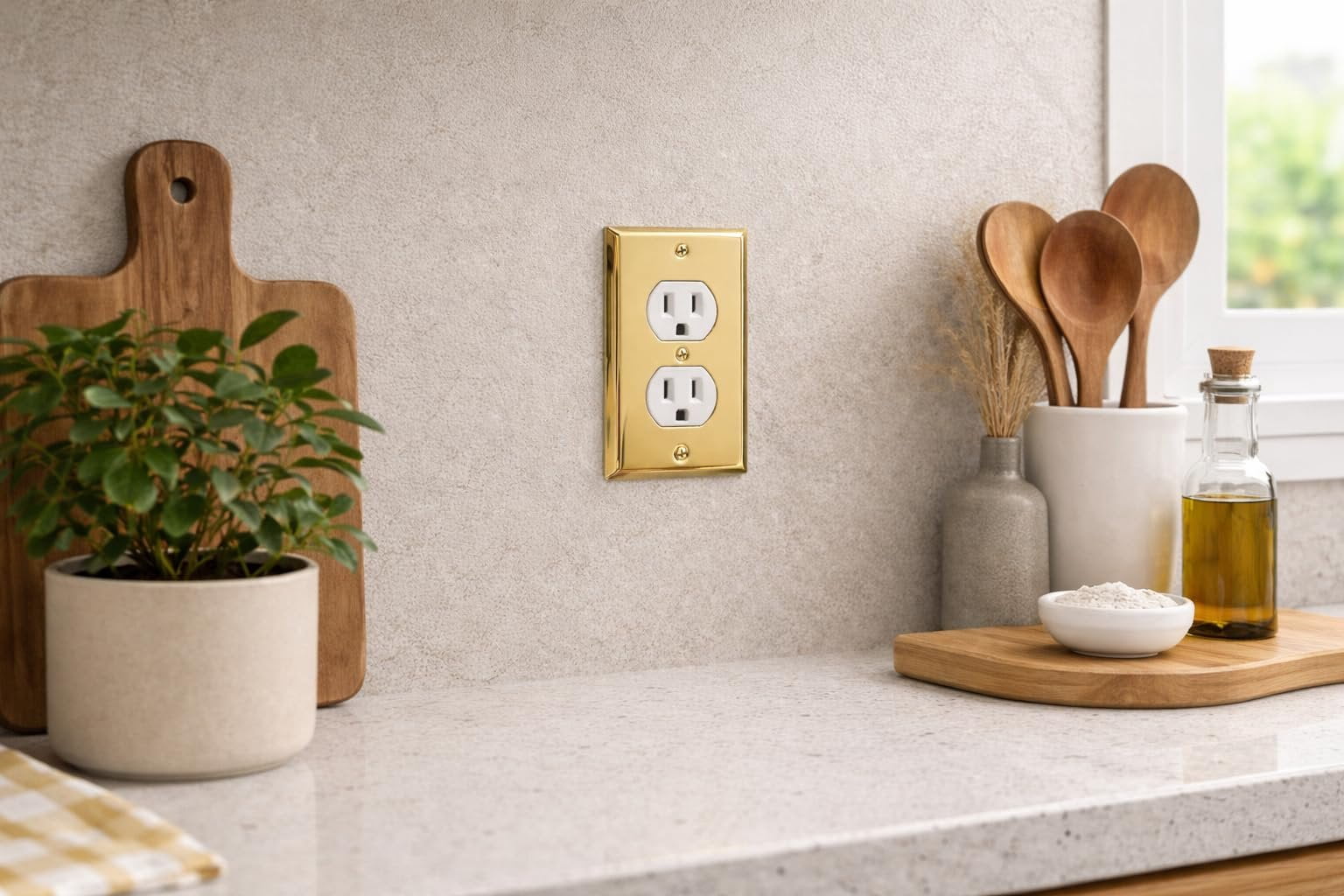 Rio Salto BRASS Signature Collection Polished Gold Standard Size Metal Duplex Outlet Cover Light Switch Cover Wall Plate Single Receptacle Wallplate Covers 5-Pack Polished Shiny Gold